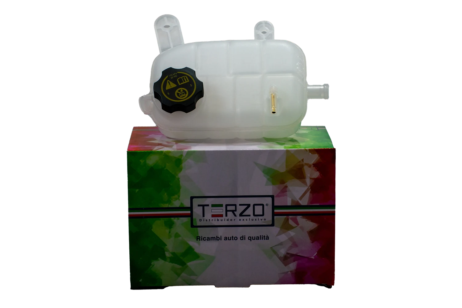 Depósito de refrigerante T3RZO apoyado sobre su caja, con las franjas verde, blanca y roja de la marca